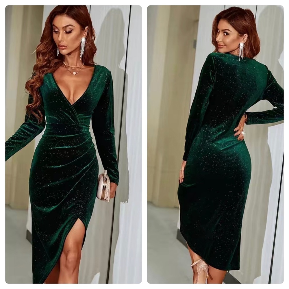 Green Velvet Ruched High Slit Dress